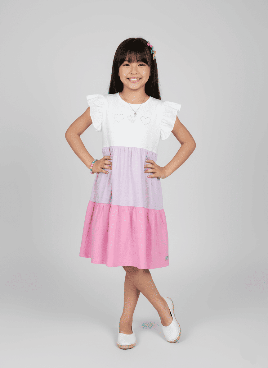 Vestido Infantil Color Block 3 Corações Branco Abrange