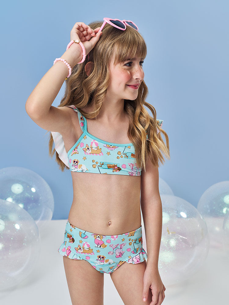 Biquíni Infantil em Malha UV com Estampa de Cachorros – Moda Praia Menina Verde Atol VERDE ATOL