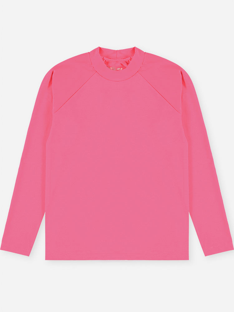Blusa Infantil Menina Manga Longa em Malha UV Rosa Neon