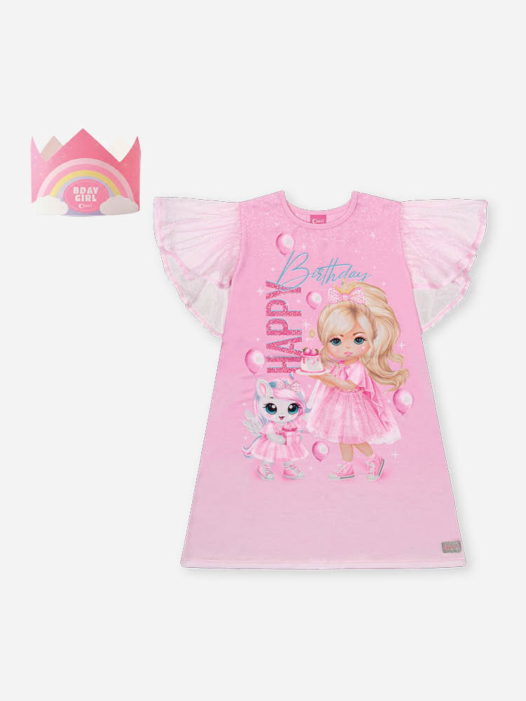 Vestido Infantil Aniversário Menina com Capa em Tule Foil e Coroa – Vestido Birthday Girl Cinti ROSA IOGURTE