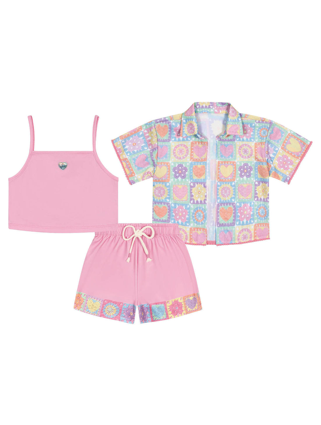 Conjunto Infantil Menina Blusa Cropped, Short E Camisa Total Print Rosa Cinti