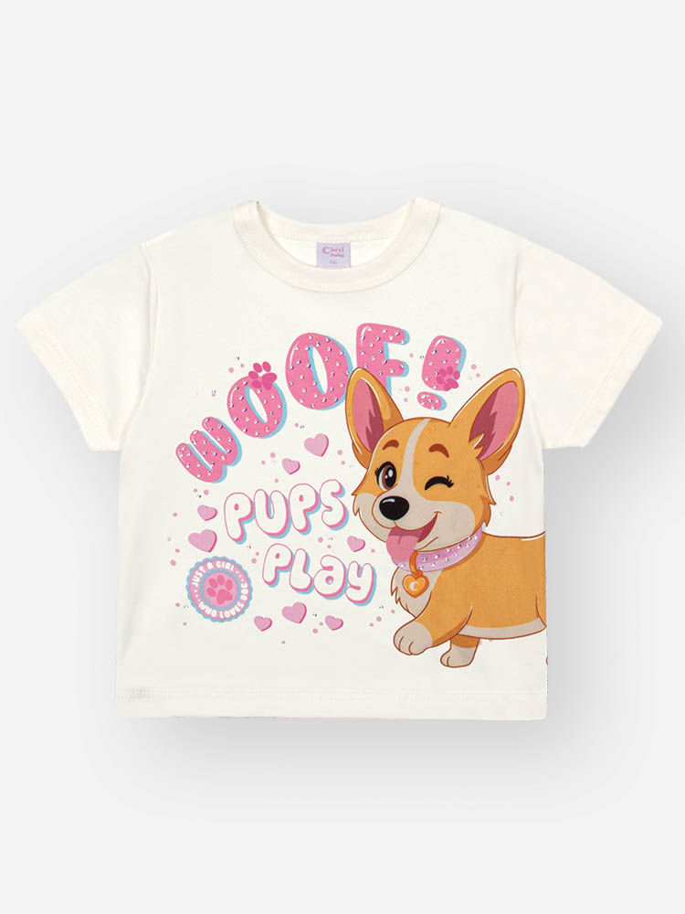 Conjunto Bebê Menina Cachorrinha com Orelhas Interativas – Blusa Boxy e Shorts em Algodão NATURAL/RS CONFETE