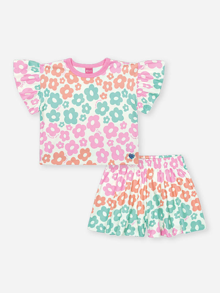 Conjunto Infantil Neon Love com Blusa Boxy e Shorts em New Stretch Floral – Look Menina Verão ROSA BARBIE