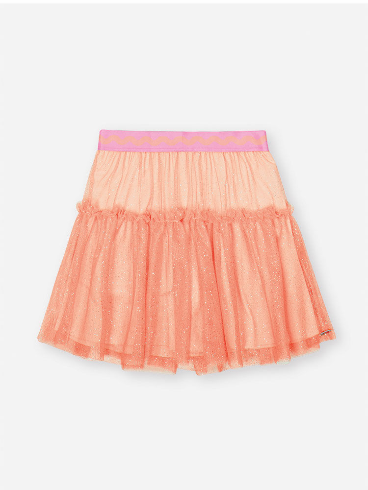 Conjunto Infantil Neon Love com Regata em Cotton e Saia Shorts em Tule Glitter – Look Menina Verão c NATURAL/LARANJA NEON