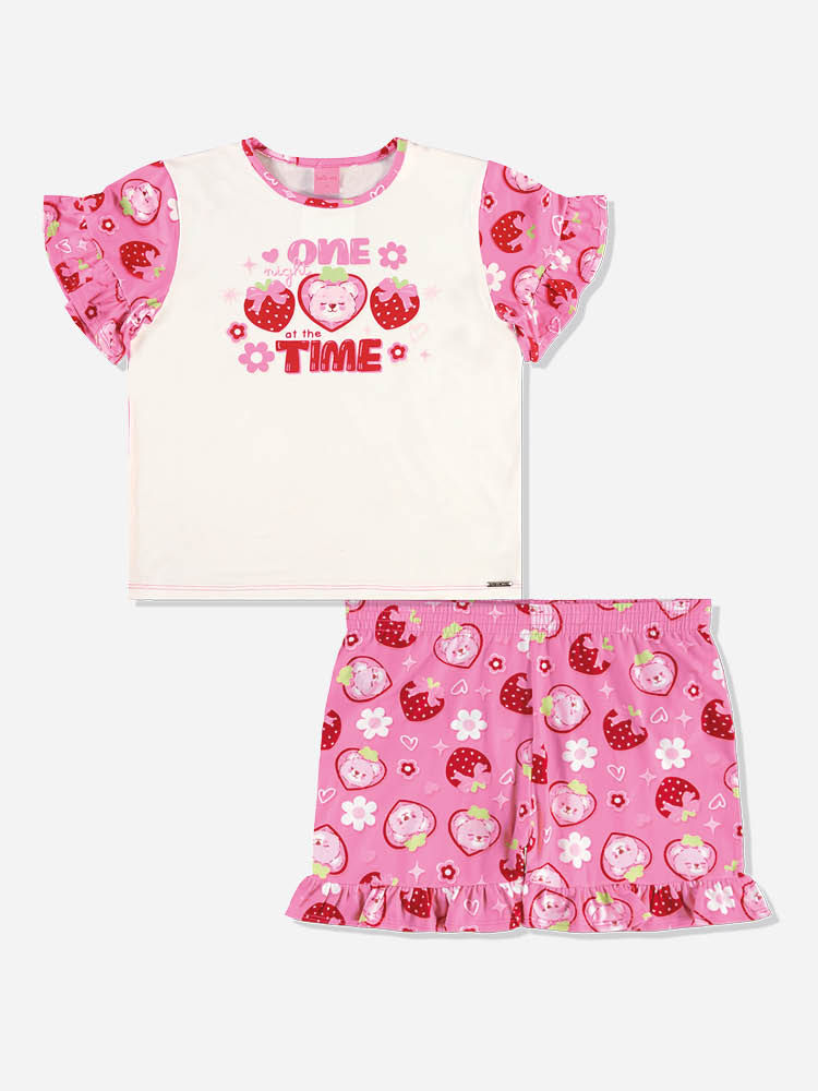 Conjunto Infantil Menina Pijama Morangos em Malha Suede