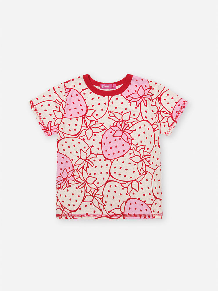Pijama Infantil com Blusa e Shorts em Cotton Linho – Pijama Menina Verão Estampa de Morangos OFF WHITE