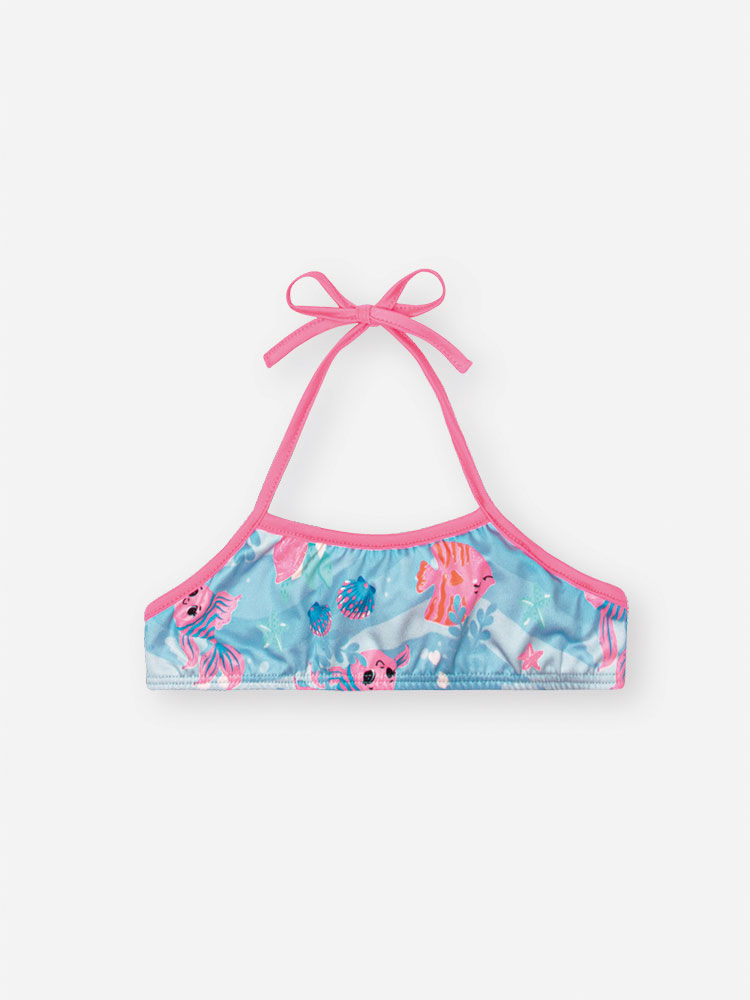 Biquíni Infantil em Malha UV com Estampa de Conchas e Fundo do Mar – Moda Praia Menina Verão com Blu AZUL PORCELANA