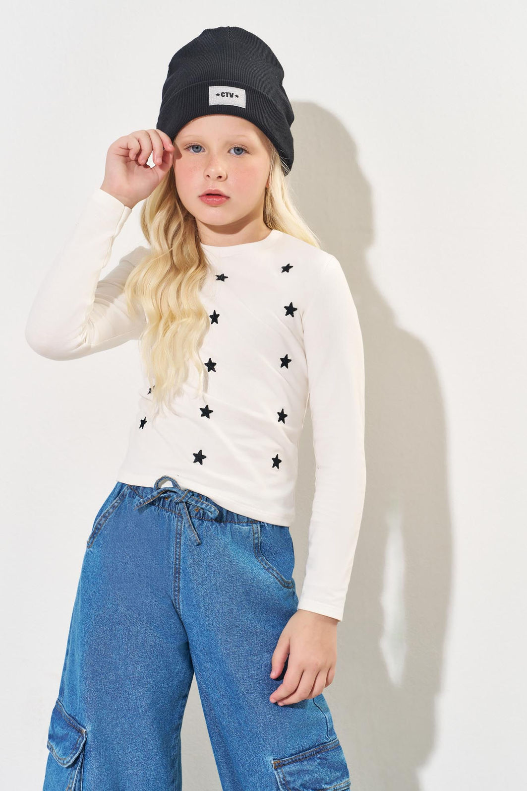 Blusa Infantil Menina Bordado Estrelas Natural CTV