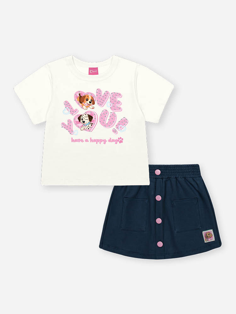 Conjunto Infantil com Blusa e Shorts Saia em Molecotton Denim – Look Menina Verão com Strass NATURAL/AZ JEANS ESCURO