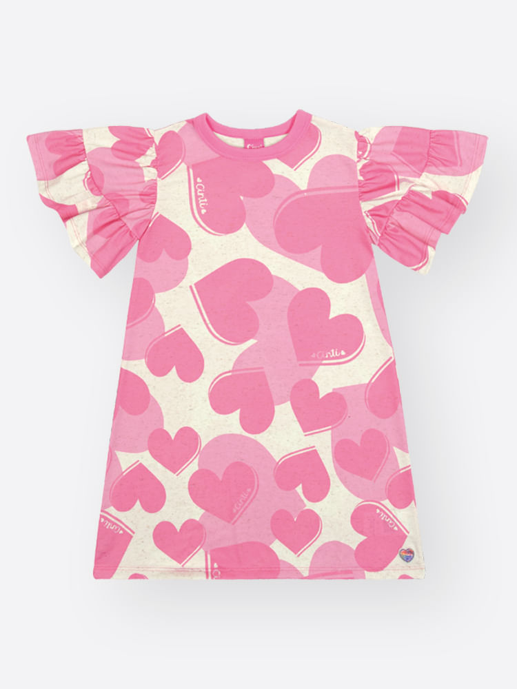 Vestido Infantil Off-White com Estampa de Corações e Babado – Vestido Mundo Cinti
