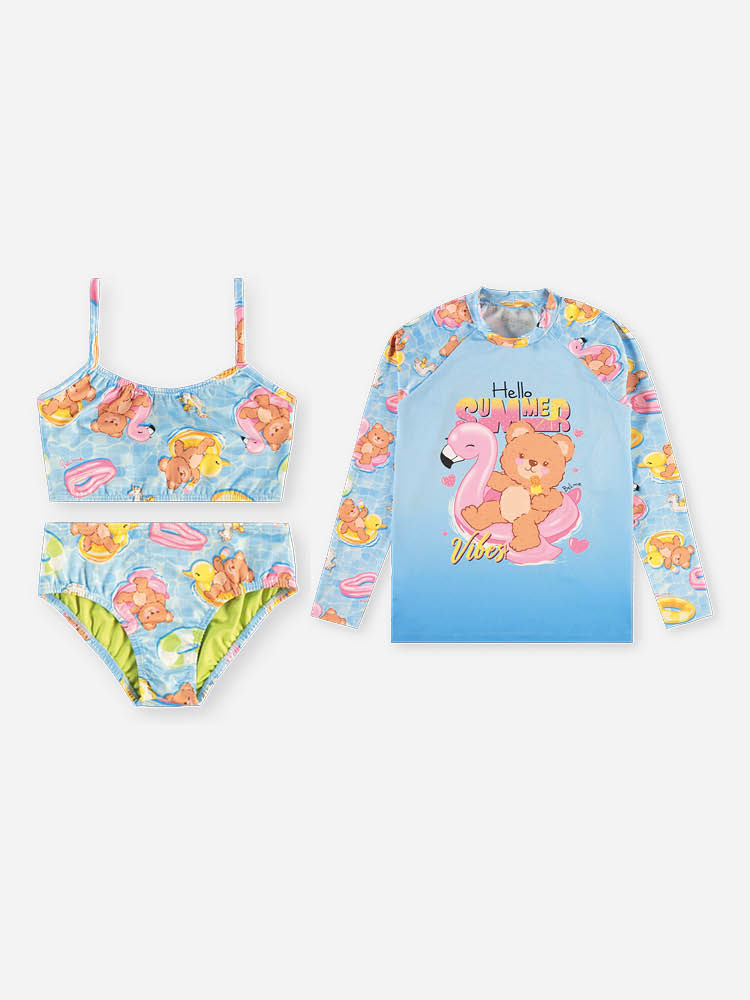 Conjunto Infantil Menina Biquíni e Blusa UV com Ursinho
