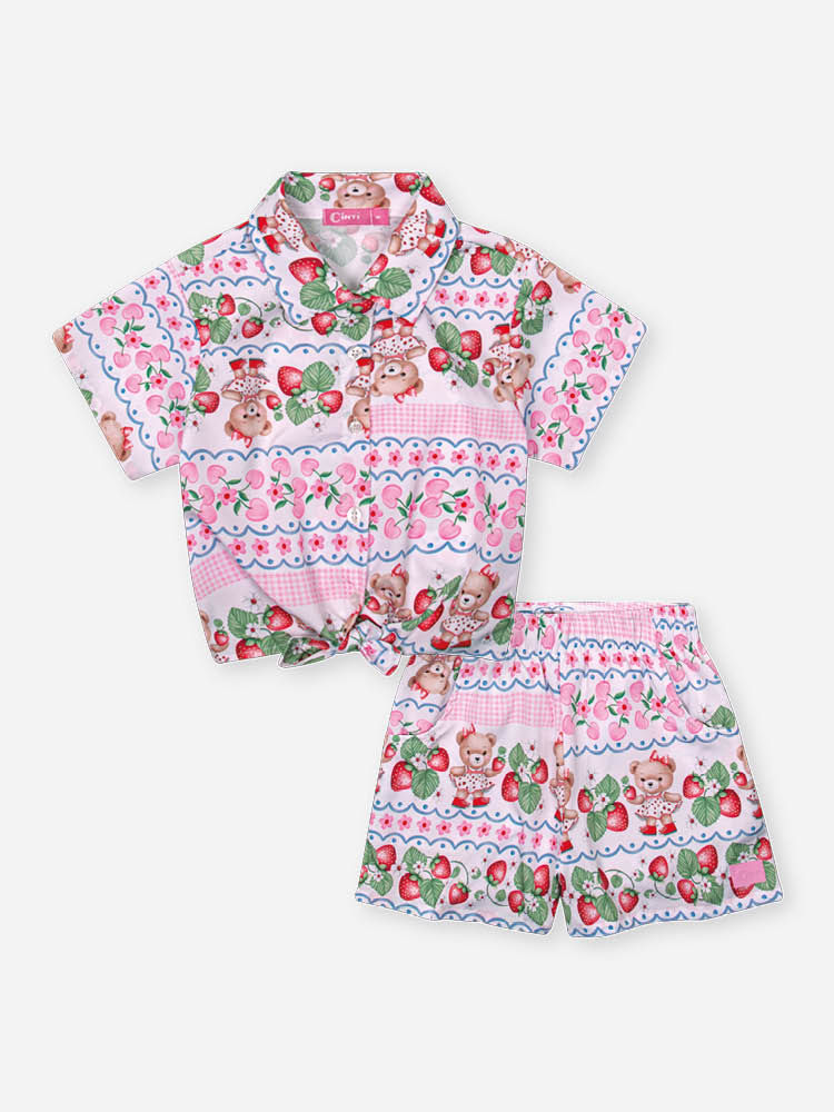 Conjunto Infantil com Blusa Boxy e Shorts em Tricoline Sublimado – Look Menina Verão com Etiqueta co ROSA IOGURTE