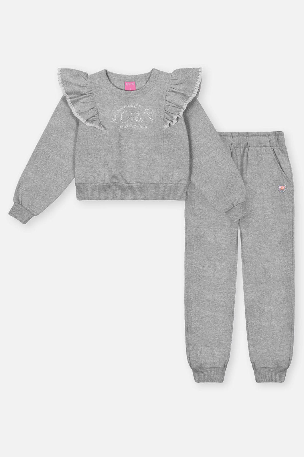 Conjunto Infantil Menina Blusão Babado E Calça Mescla Mundo Cinti Conjunto Infantil Menina Blusão Babado E Calça Mescla Mundo Cinti