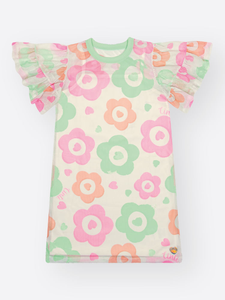 Vestido Infantil Menina Off-White com Sobreposição de Flores – Vestido Mundo Cinti