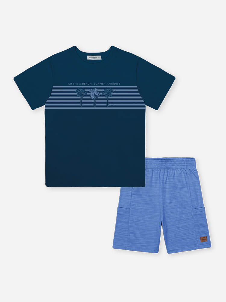Conjunto Infantil Menino Camiseta Tropical e Bermuda Atoalhada Azul