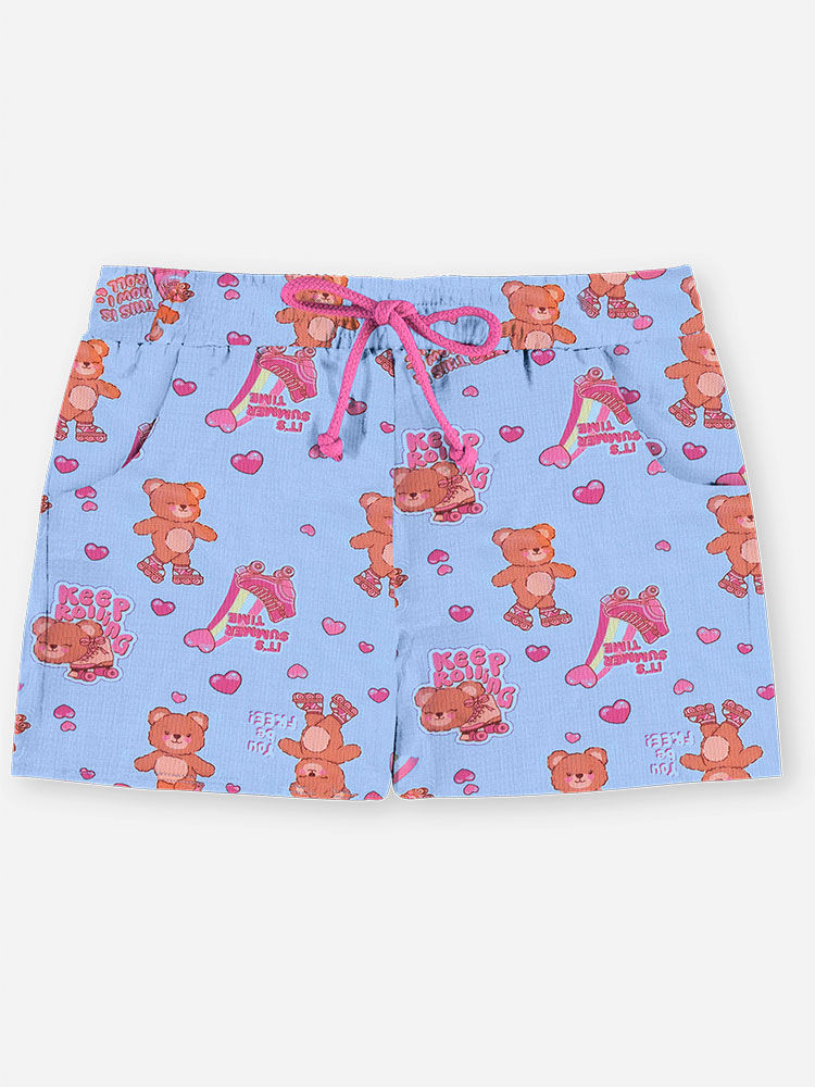 Short Infantil Menina em Nylon de Ursinhos com Cordão
