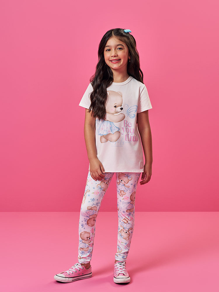 Conjunto Infantil com Blusa 100% Algodão e Legging em Suplex – Look Menina Verão com Ursinha e Stras NATURAL/AZ PORCELANA