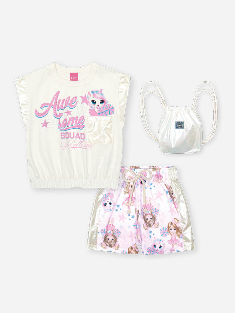 Conjunto Infantil Awesome Squad com Shorts e Bolsa Holográfica – Conjunto Menina Cinti NATURAL/RS IOGURTE/HOLOGRAFICO