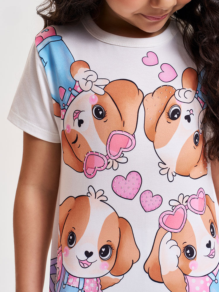 Conjunto Infantil com Blusa Cachorrinhos e Legging em Suplex – Look Menina Verão com Strass NATURAL/RS IOGURTE