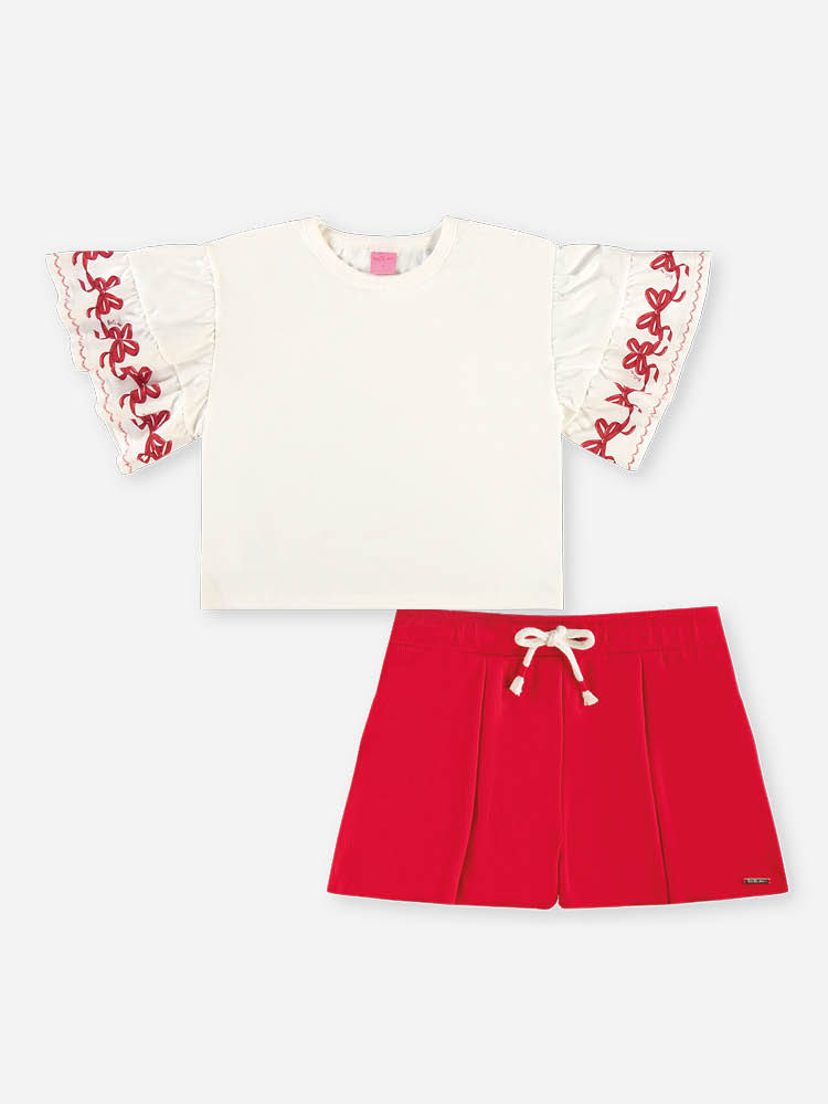 Conjunto Infantil Menina Blusa Boxy Laços e Short Waffle Vermelho
