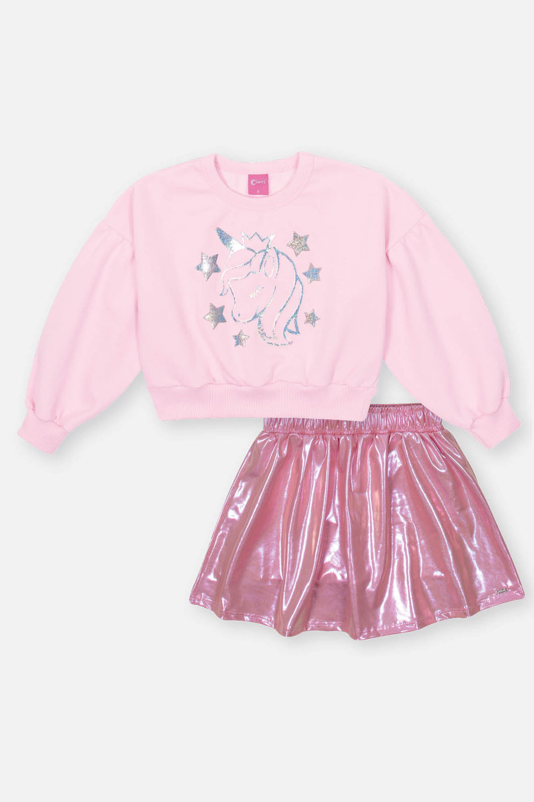 Conjunto Infantil Menina Blusão E Saia-Short Holográfico Rosa Mundo Cinti