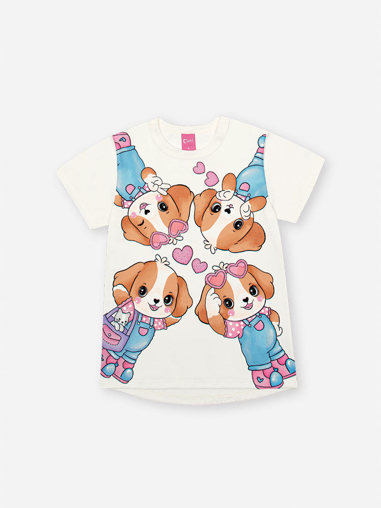Conjunto Infantil com Blusa Cachorrinhos e Legging em Suplex – Look Menina Verão com Strass NATURAL/RS IOGURTE