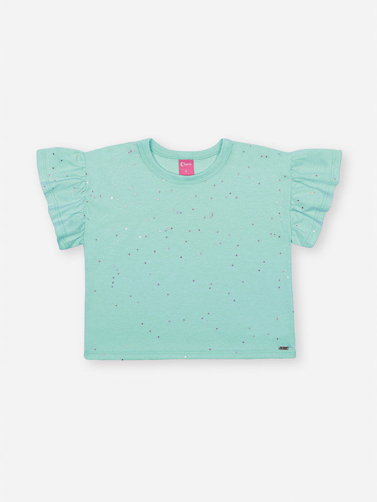 Conjunto Infantil Neon Love com Blusa e Shorts em Meia Malha P.A com Glitter – Look Menina Verão VERDE BRISA