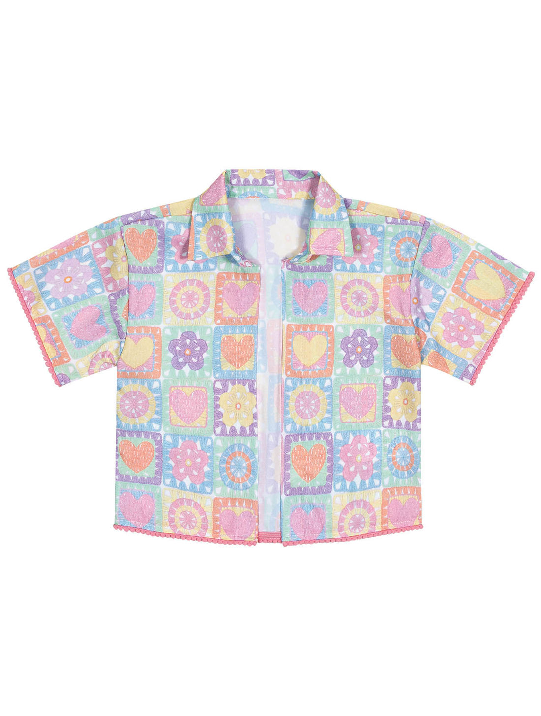 Conjunto Infantil Menina Blusa Cropped, Short E Camisa Total Print Rosa Cinti