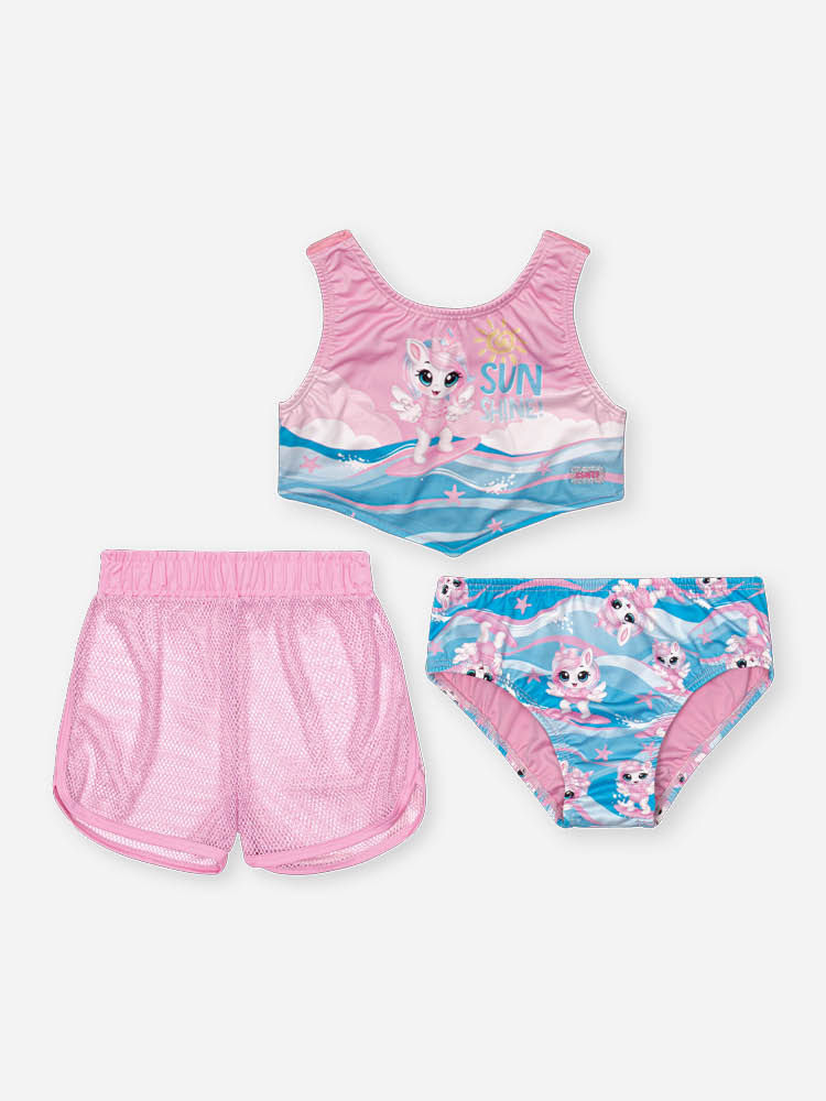Biquíni Infantil em Malha UV com Estampa de Unicórnio e Shorts em Tela – Moda Praia Menina Verão ROSA IOGURTE