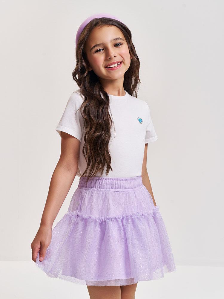 Saia Shorts Infantil em Tule Glitter e Meia Malha – Saia Menina Verão com Shorts Interno LILAS BRUMA