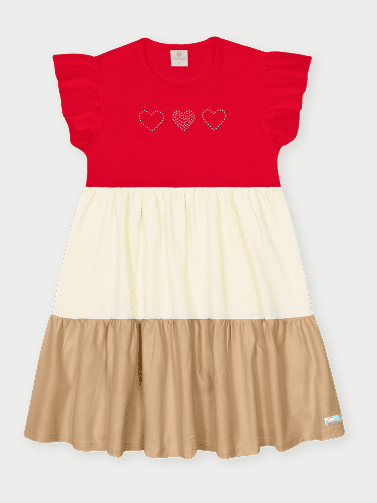 Vestido Infantil Color Block 3 Corações Vermelho Abrange