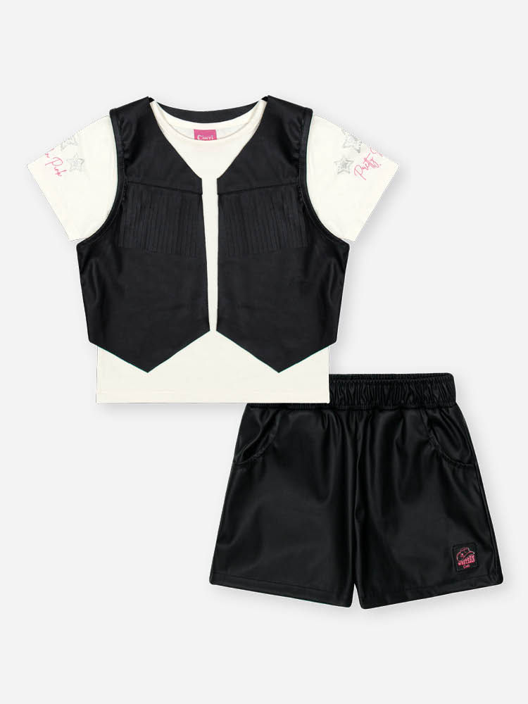 Conjunto Infantil Look Boiadeira com Blusa em Cotton e Shorts com Colete em PU – Look Menina Verão NATURAL/PRETO/PRETO