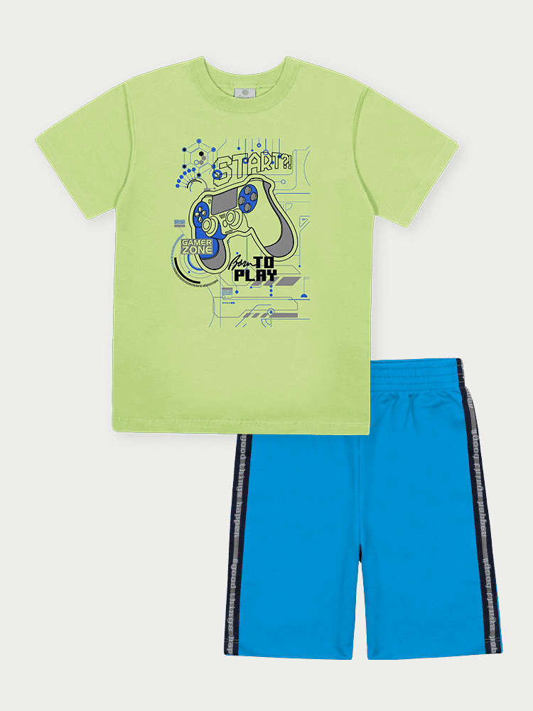 CONJ CAMISETA E BERMUDA FLUOR GR/AZ VIBRANTE