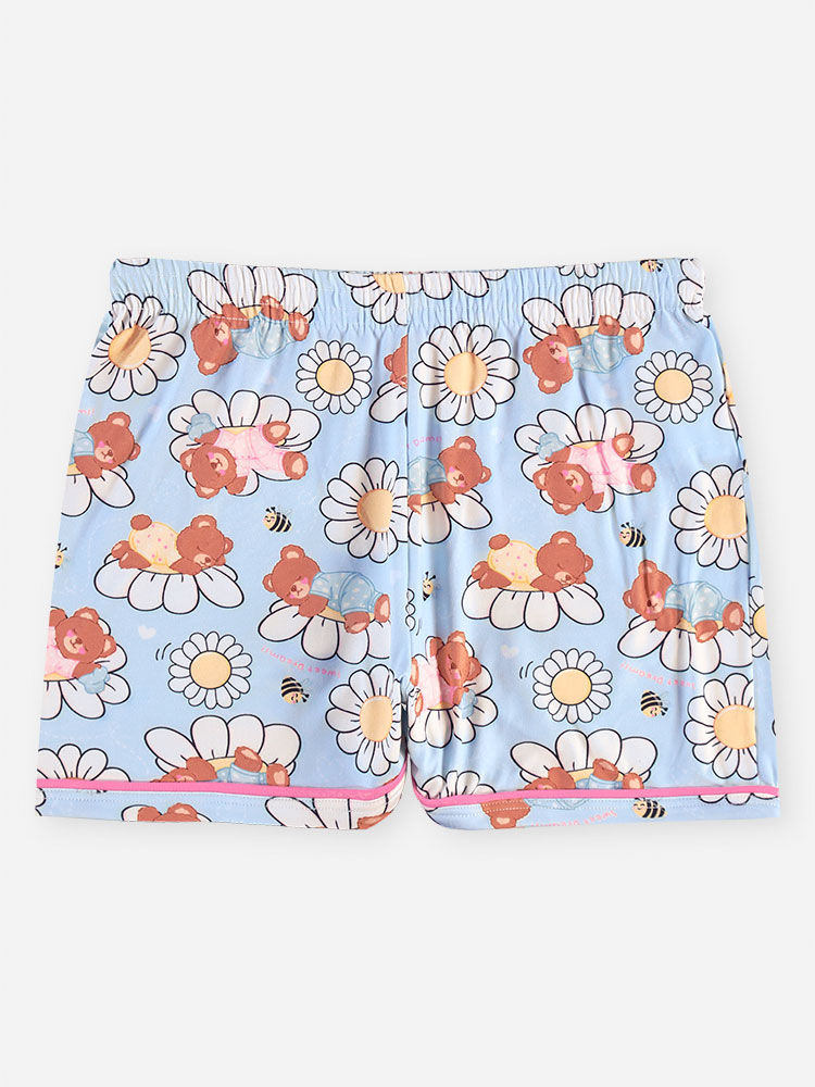 Conjunto Infantil Menina Pijama Ursinhas e Flores em Malha Suede