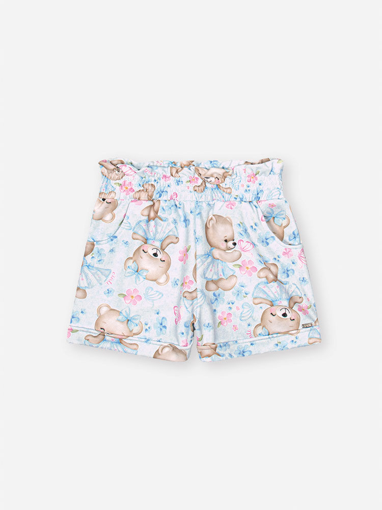 Conjunto Infantil com Blusa em Cotton Bordada e Shorts Estampado – Look Menina Verão com Ursinhas NATURAL/RS IOGURTE