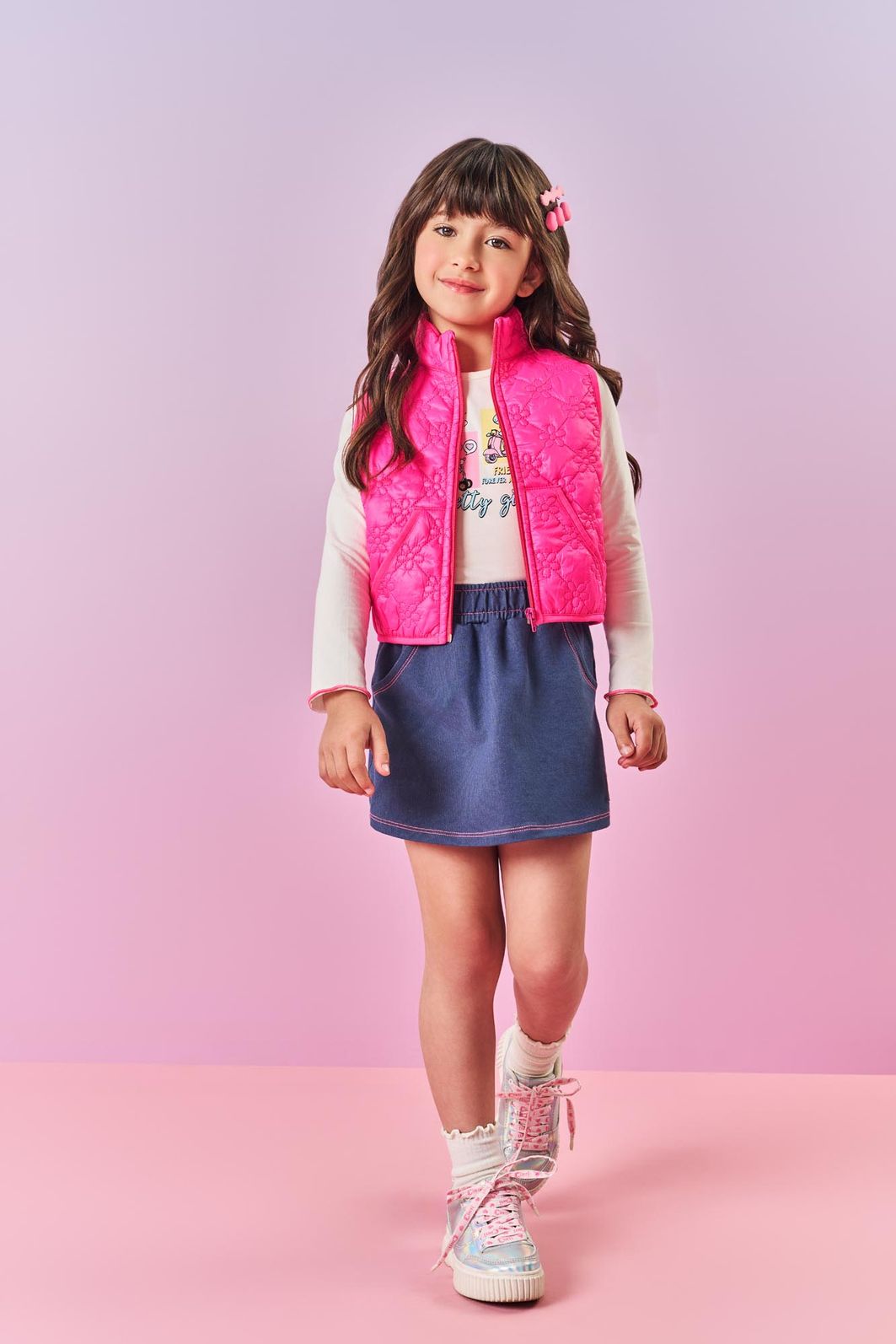 Conjunto Infantil Menina Blusa; Short-Saia E Colete Rosa Neon Mundo Cinti