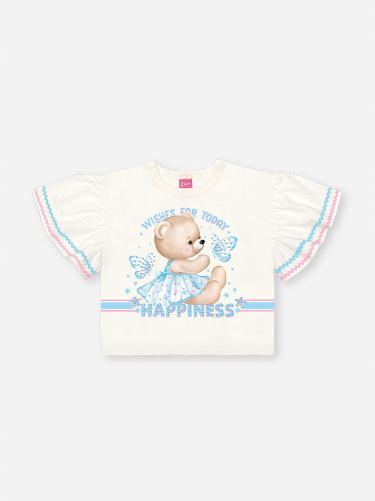 Conjunto Infantil com Blusa 100% Algodão e Shorts Saia em Moletinho – Look Menina Verão com Strass NATURAL/AZ PORCELANA