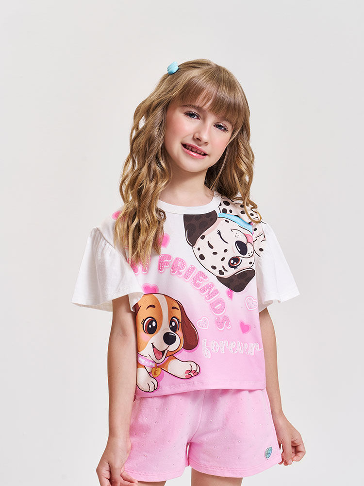 Blusa Infantil em Meia Malha com Estampa de Cachorrinhos – Camiseta Menina Verão com Strass NATURAL