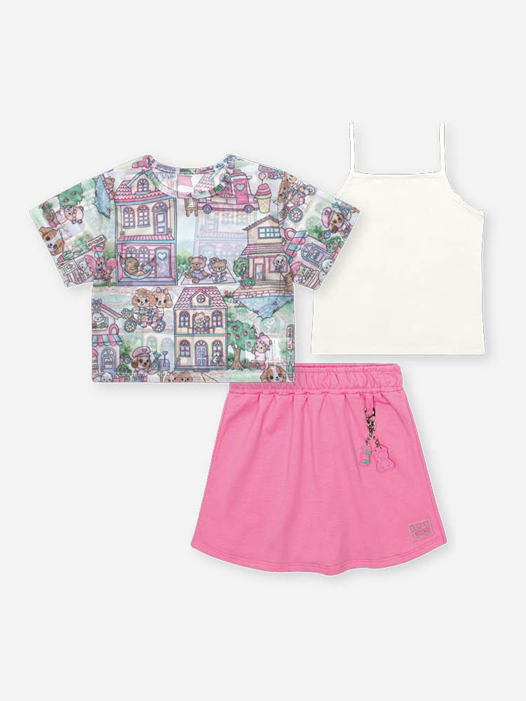 Conjunto Infantil com Regata e Shorts Saia em Moletinho com Kimono em Tule – Look Menina Verão com A NATURAL/RS CONFETE