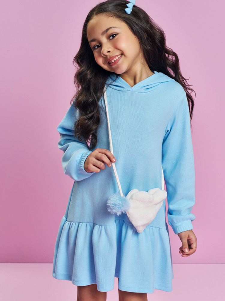 Vestido Infantil Menina Azul com Bolsa Coração em Pelo – Vestido Mundo Cinti