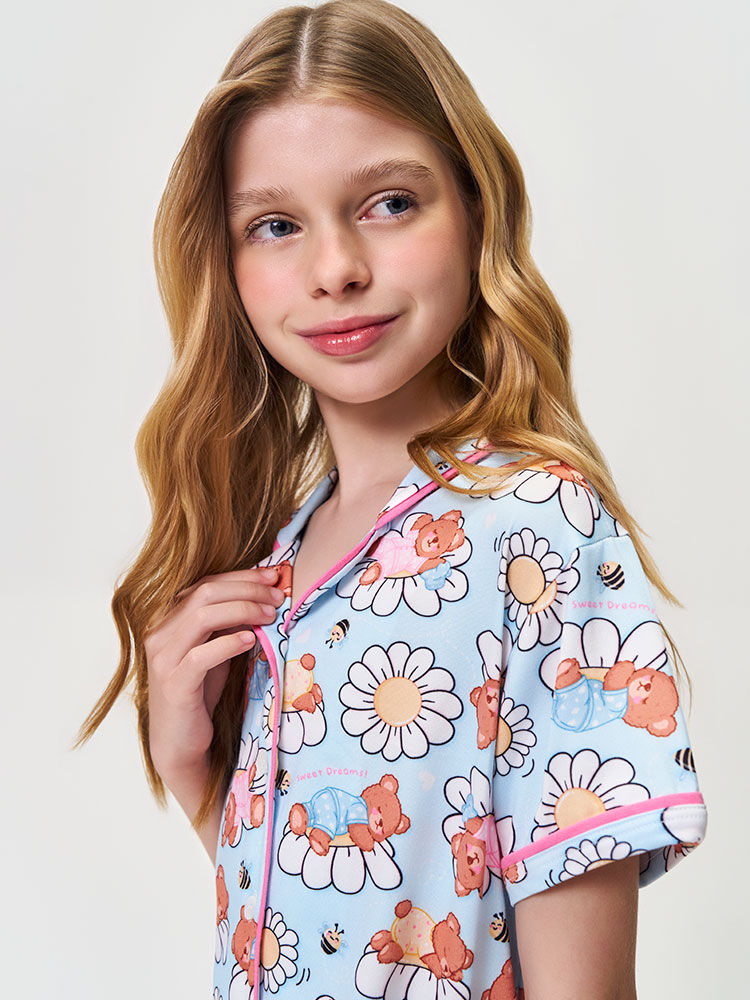 Conjunto Infantil Menina Pijama Ursinhas e Flores em Malha Suede