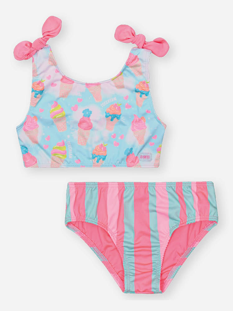Biquíni Infantil em Malha UV com Estampa de Sorvetes e Gelato – Moda Praia Menina Rosa Neon VD ATOL/ROSA NEON