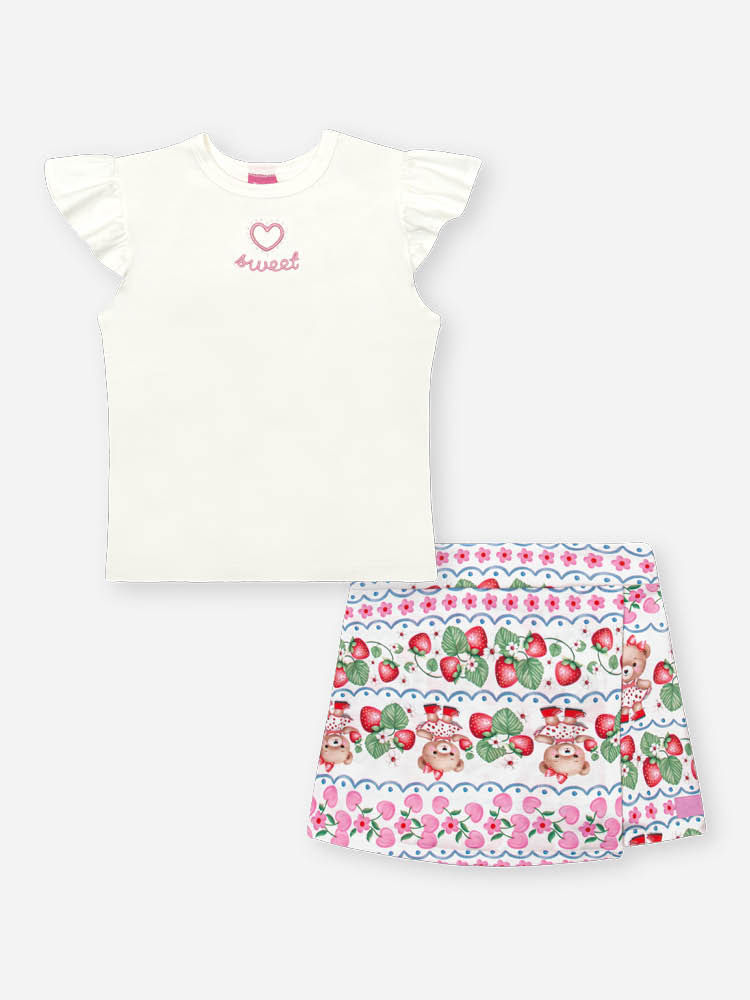 Conjunto Infantil com Blusa em Cotton Bordada e Short-Saia em Molecotton – Look Menina Verão NATURAL/RS IOGURTE