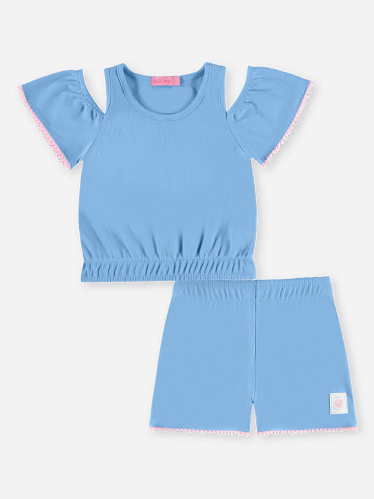 Conjunto Infantil Menina Cropped Recorte Ombros e Short Waffle