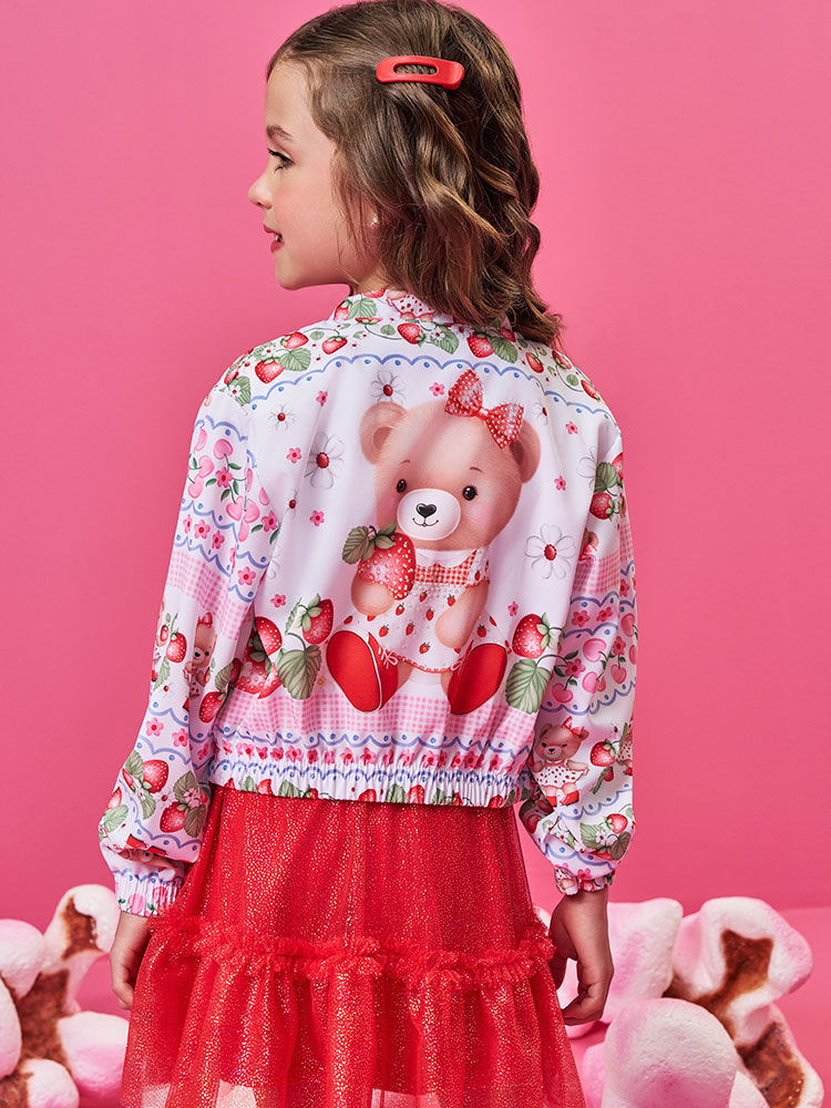 Jaqueta Infantil Corta Vento em Nylon com Elastano – Casaco Menina Verão Estampado com Strass ROSA IOGURTE