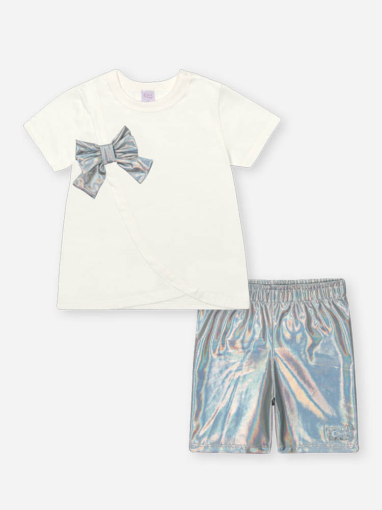 Conjunto Infantil de Blusa Laço em Meia Malha com Ciclista Metalizada NATURAL/PRATA