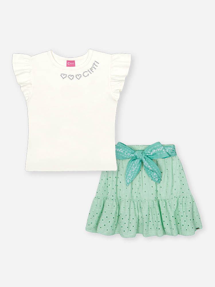 Conjunto Infantil com Blusa em Cotton e Saia Shorts com Voil Bordado – Look Menina Verão com Lenço NATURAL/VD BRISA