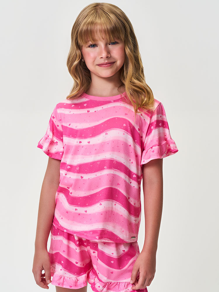 Conjunto Infantil Menina Blusa e Short Listrado Rosa em Malha Suede