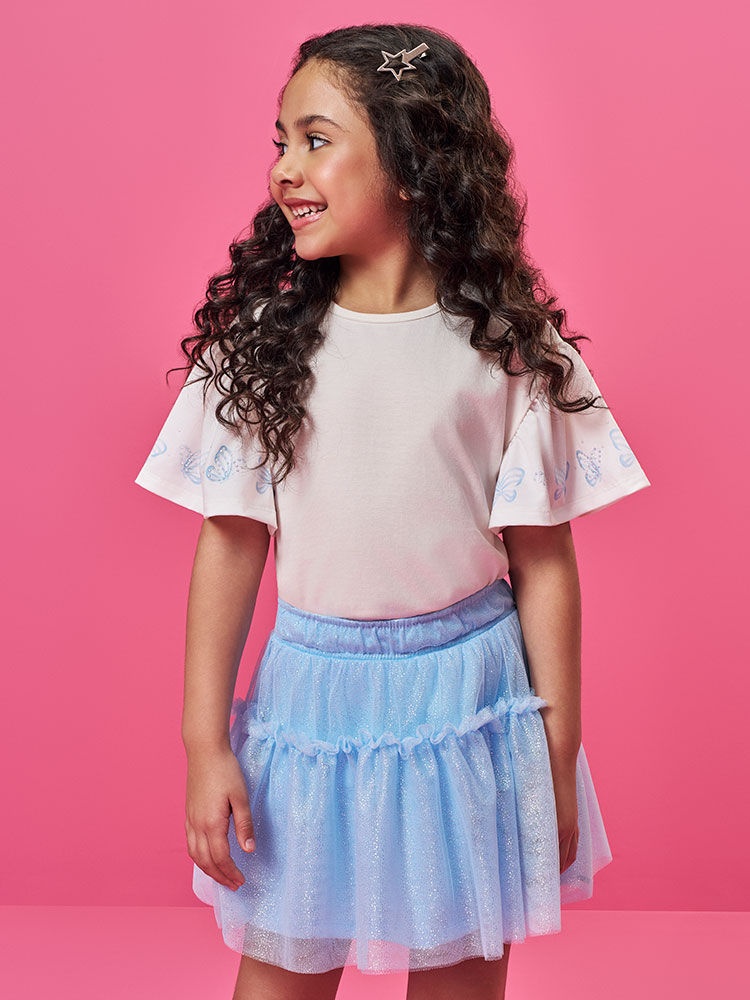 Conjunto Infantil com Blusa em Cotton e Saia Shorts com Tule Foil – Look Menina Verão com Strass NATURAL/AZ PORCELANA