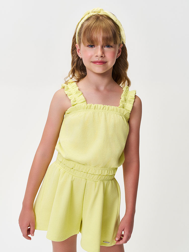Conjunto Infantil Menina Cropped com Strass e Short Lemon
